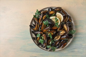 Fresh, Boiled mussels, Black Sea, with parsley and lemon, no people