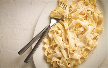 Fettuccine, tagliatelle, in creamy garlic sauce, Italian traditional cuisine, pasta carbonaro