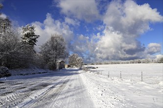 Snow-covered winter landscape in the Palatinate Forest, here in the district of Südwestpfalz. Such