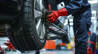 Car repairman in service garage replacing wheel of the broken car, AI generated