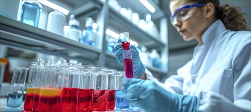 Scientist in lab medicine research holding vials with blood and virus samples for DNA sequencing,