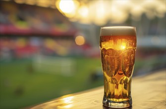 Cup of beer standing on the table ready to be consumed before the sport game, AI generated