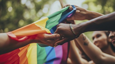 Diverse people hands over rainbow LGBTQ flag showing love, affection and unity, AI generated