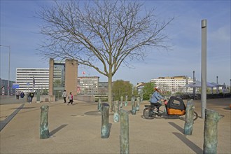 Memorial The Interrupted Forest by Ariel Auslender 2013 and pedestrian, cyclist with trailer,