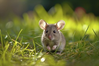 Cute mouse with large ears, exploring the vibrant green grass on a sunny day, AI generated