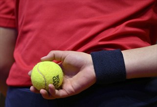 Tennis ball in the hand of a ball girl, back, logo, Roland-Garros, tennis, Porsche Cup 2024,