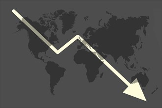 Illustration with falling share price and a world map symbolising a declining (world) economy