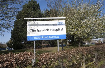 Sign outside Ipswich Hospital, NHS Trust, Ipswich, Suffolk, England, United Kingdom, Europe