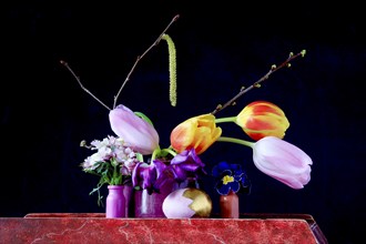 Picturesque still life with flowers and Easter egg, Germany, Europe