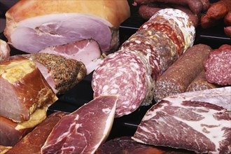 Sausage counter in a butcher's shop