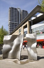 Modern art fountain and The David Murray John Building, the Brunel Tower, central business district