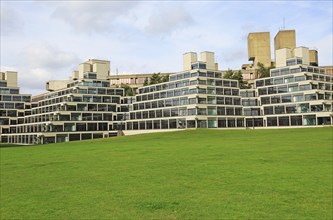 Student accommodation buildings known as Ziggurats, campus of University of East Anglia, Norwich,