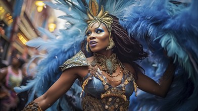 A dancer mascot adorned in a dazzling costume with feathers, immersed in the energetic atmosphere