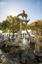 Fountain and lakeside promenade, the Lake Constance rider by Peter Lenk, Überlingen, Lake