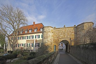 Hotel am Schloss and archway with fortification, Alzey, Rhine-Hesse region, Rhineland-Palatinate,