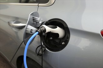 Close-up of an electric car at the charging station