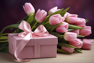 Gift Box with Pink Ribbon Beside bouquet of Fresh Tulips on Bokeh Background. Good for Valentine