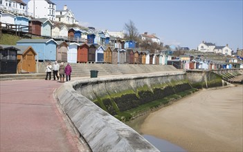 Sea wall, beach and beach huts, Walton on the Naze, Essex, England, United Kingdom, Europe