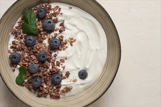 Yogurt with chocolate muesli, with berries, blueberries, breakfast, close-up, fork on top, no