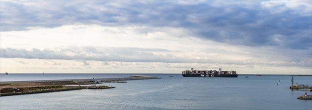 Panorama of MSC Container Ship at sunrise, Barcelona, Spain, Europe