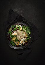 Salad of squid and vegetables, with egg, homemade, no people