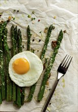 Grilled asparagus, with fried egg, spices and herbs, parmesan cheese, on a paper, top view, rustic,