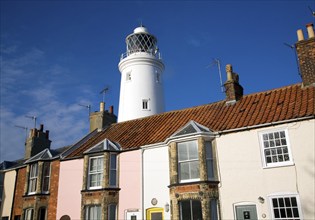 Lighthouse and cottages, Southwold, Suffolk, England, United Kingdom, Europe