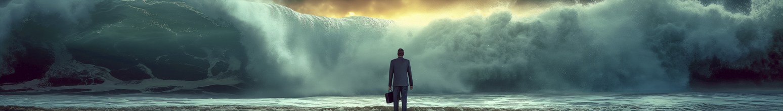 Banner of disheartened businessman standing on the shore in the midst of approaching turbulent