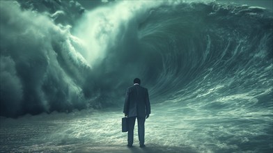 Disheartened businessman standing on the shore in the midst of approaching turbulent crashing waves