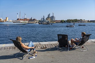 Pier, shore at Nordre Toldbod, deckchairs, harbour, at Langelinie Park, Copenhagen, Denmark, Europe