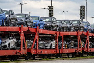 BMW new cars, on freight wagons, in the harbour of Cuxhaven, are shipped from here to Great Britain