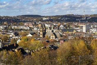 View over Wuppertal, to the north, city centre district Elberfeld, church St. Suitbertus, basilica