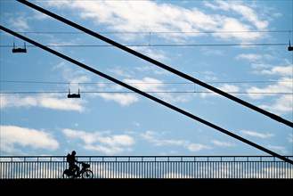 Cyclist, on the Rheinknie Bridge in Düsseldorf, North Rhine-Westphalia, Germany, Europe