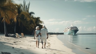 Vacationing elderly couple walk along a tropical beach with their cruise ship docked nearby,