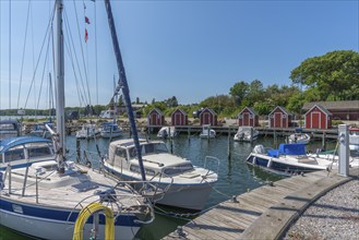 Lundeborg, small harbour town on East Fyn, jetty, sailing harbour with wooden houses, Hesselager,