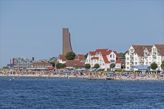 Houses, beach, people, marine memorial, Laboe, Schleswig-Holstein, Germany, Europe