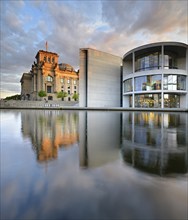 The Reichstag and the Paul Löbe House on the banks of the Spree in the evening light, Spreebogen,