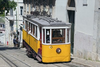 Yellow tram ascends steeply, past city buildings, funicular railway, Ascensor da Glória, Old Town,