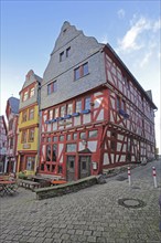 Half-timbered houses, slate house with tail gable, fish market, old town, Limburg, Hesse, Germany,