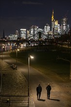 Skyline of the city centre of Frankfurt am Main, cycle and footpath, promenade, along the river