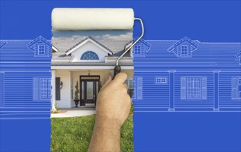 Before and after of man painting roller to reveal custom home photograph under blueprint sketch