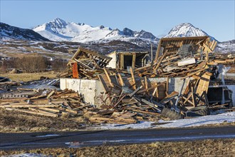 Destroyed building after heavy storm, January 2024, climate change, Leknes, Vestvagoya, Lofoten,