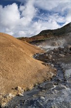 Mud pots, solfataras, coloured mineral deposits, Seltún geothermal area near Krýsuvík or Krísuvík,