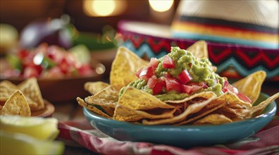 Mexican traditional nachos with avocado jalapeno guacamole and tomato salsa., AI generated