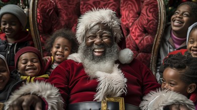 Jovial african american santa claus with happy children in his chair at the shopping center.