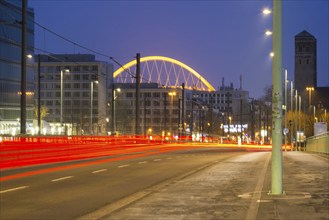 Traces of light, Deutz Bridge, behind it the LanxessArena, Deutz, Cologne, North Rhine-Westphalia,