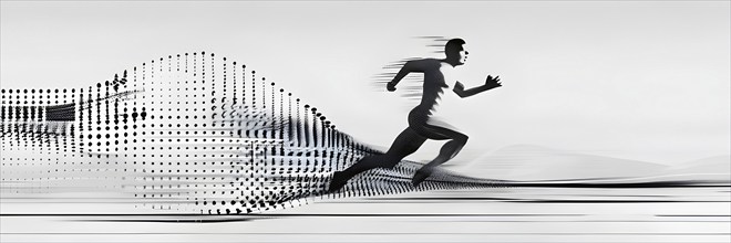 Wave of data points shaping into a runners silhouette, abstract illustration in black and white,