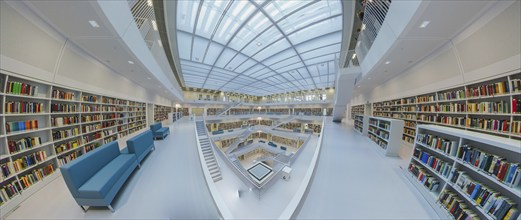 Galeriesaaal, Modern library with glass roof and white stairs, surrounded by bookshelves in a