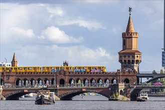 Oberbaum Bridge with underground and pink Trabbi, connection between the districts of Kreuzberg and