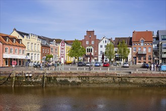 Restaurants and Oats along the harbour in Husum, Nordfriesland district, Schleswig-Holstein,